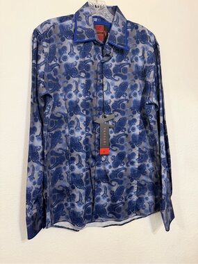 Vassari Shirt Men  Italian Modern Blue Paisley  Blue Paisley Long-Sleeve Sz: L